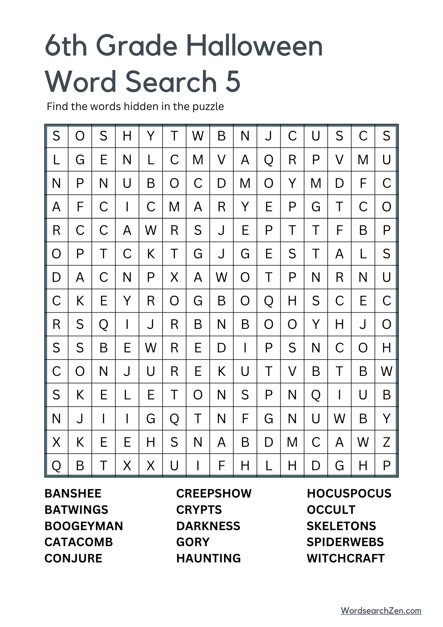 6th Grade Halloween Word Search 5