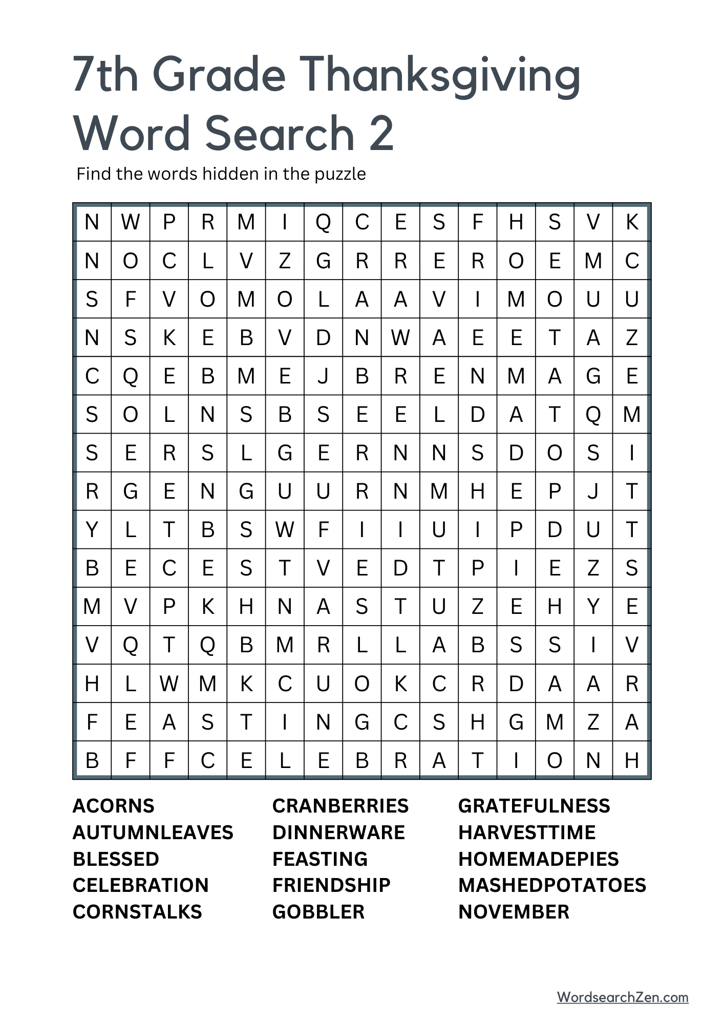 7th Grade Thanksgiving Word Search 2