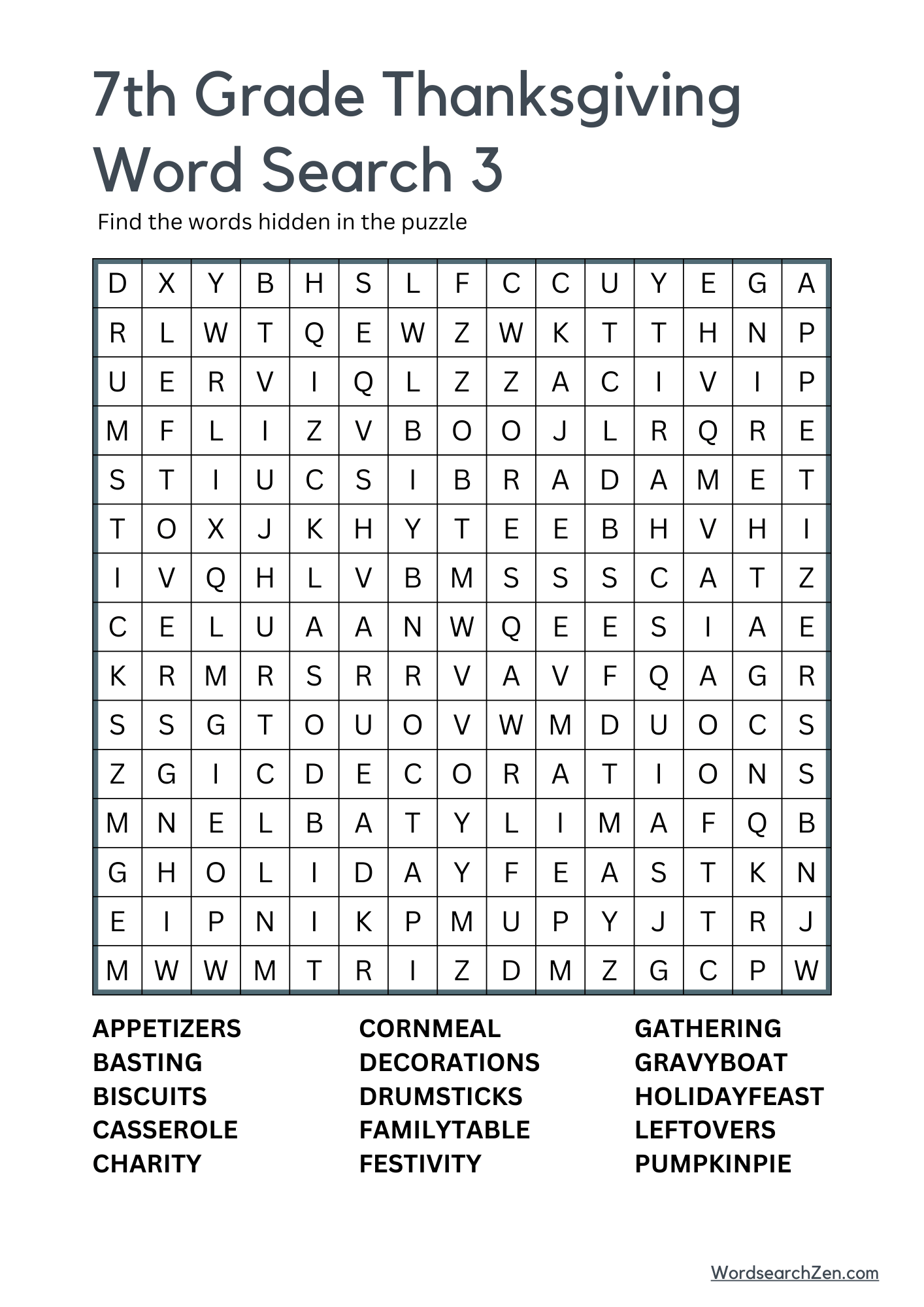 7th Grade Thanksgiving Word Search 3