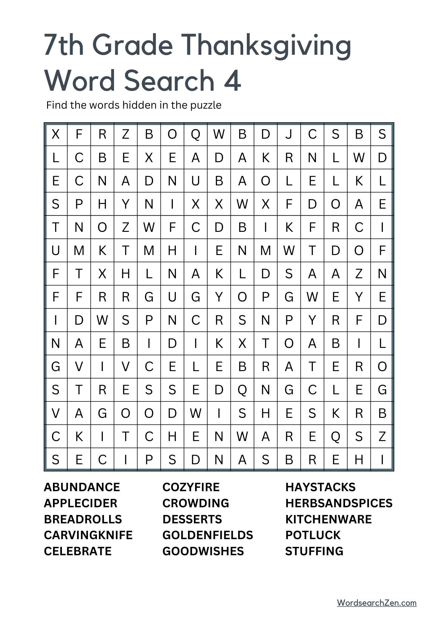 7th Grade Thanksgiving Word Search 4