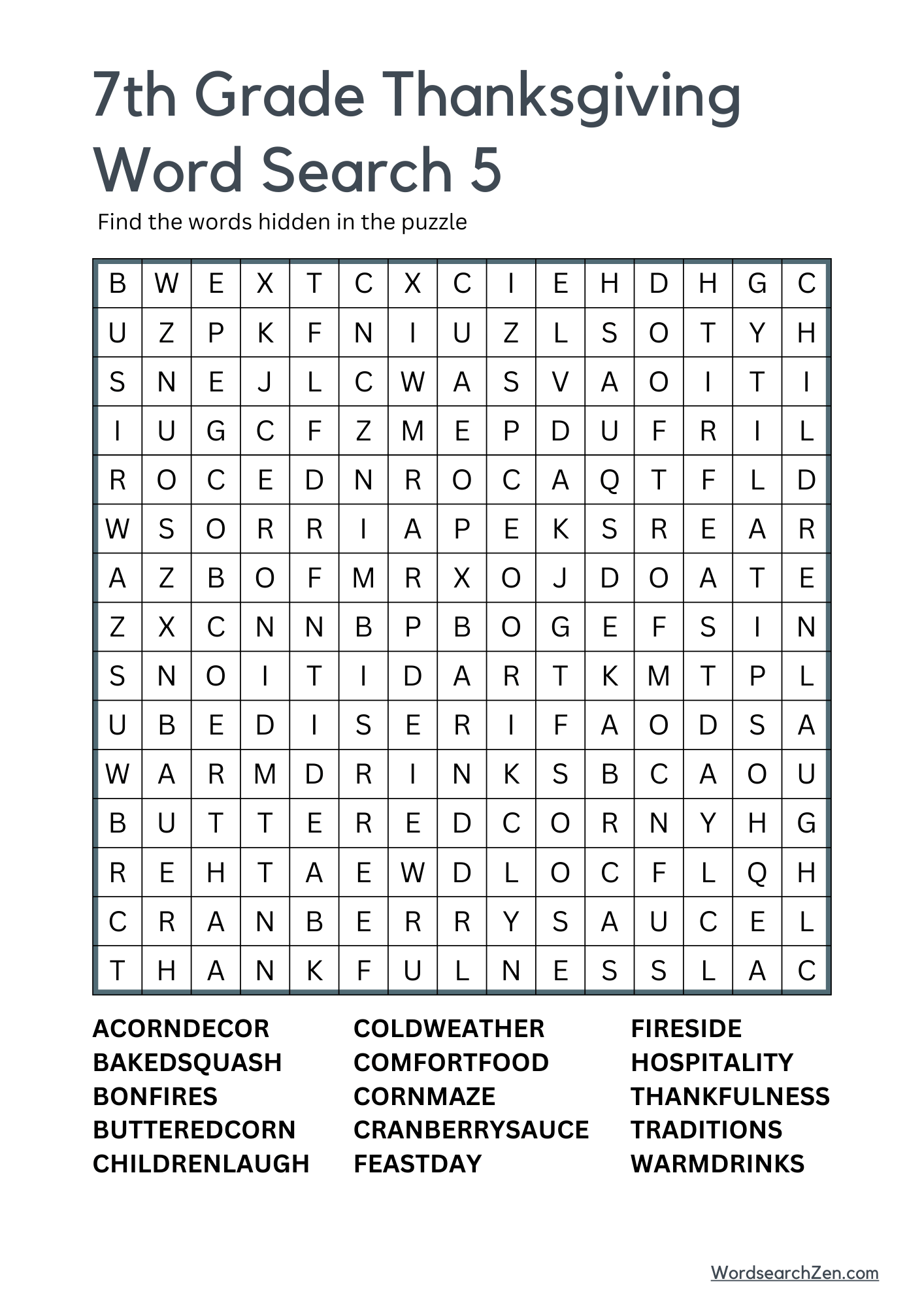 7th Grade Thanksgiving Word Search 5