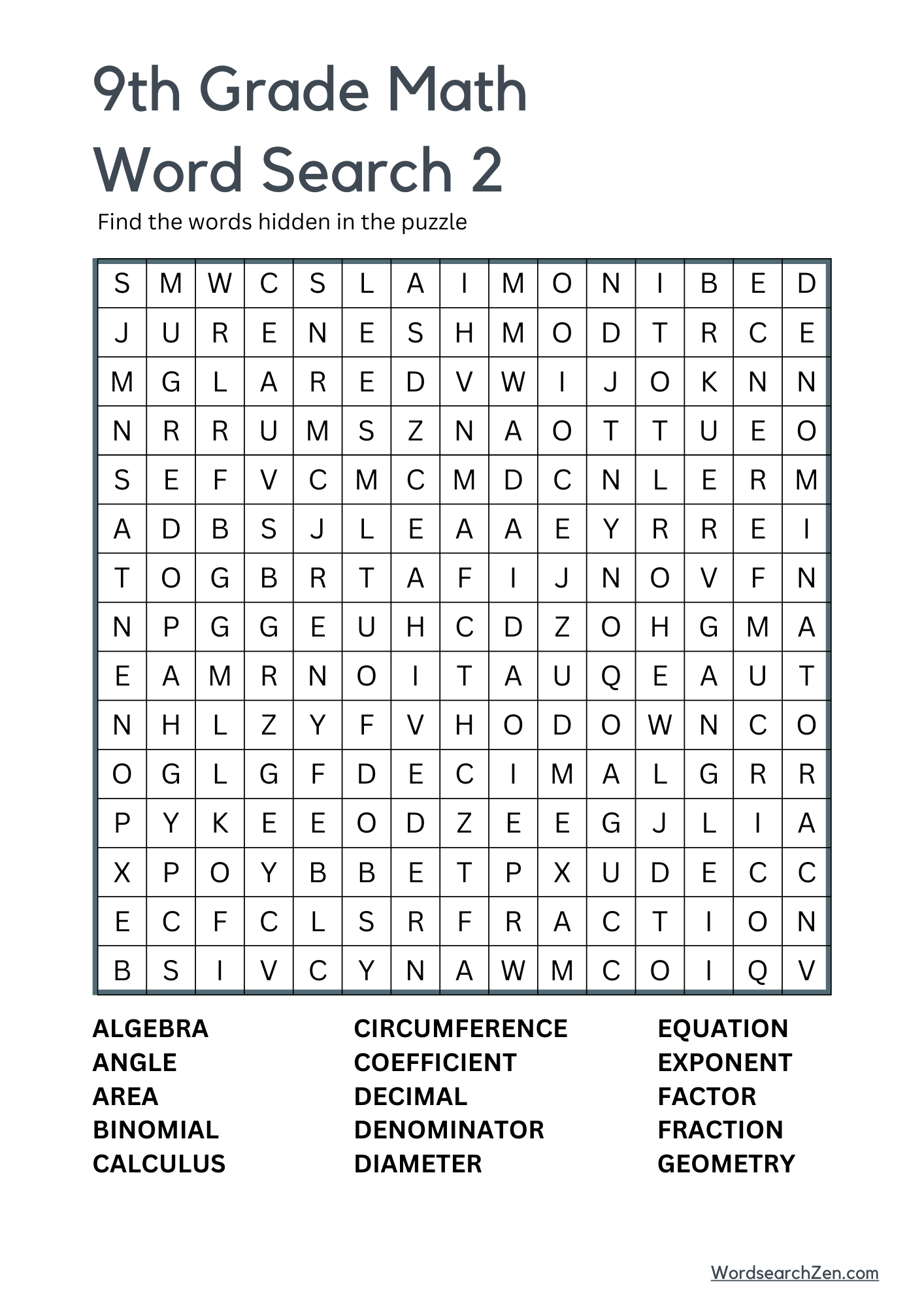 9th Grade Math Word Search 2
