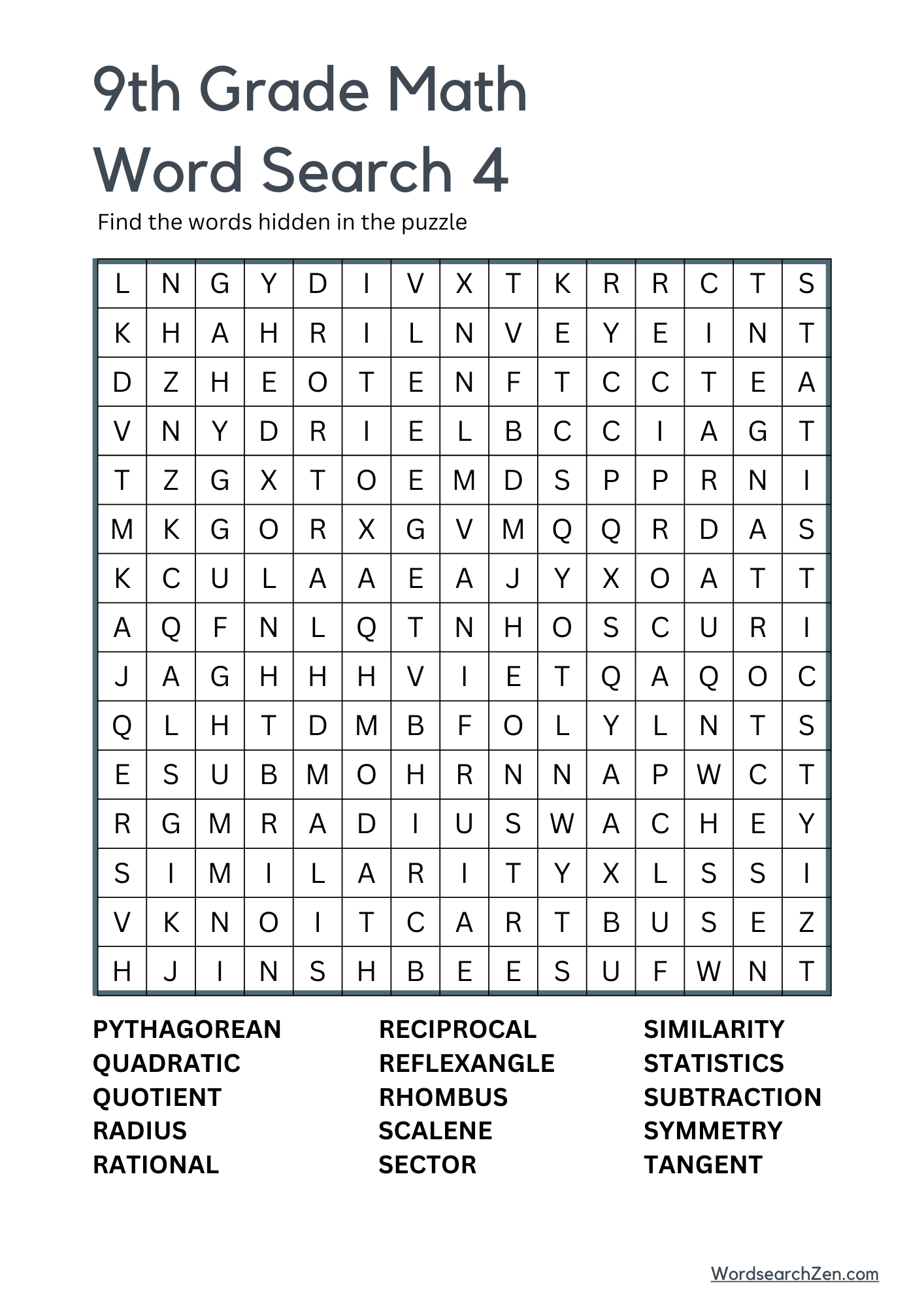 9th Grade Math Word Search 4