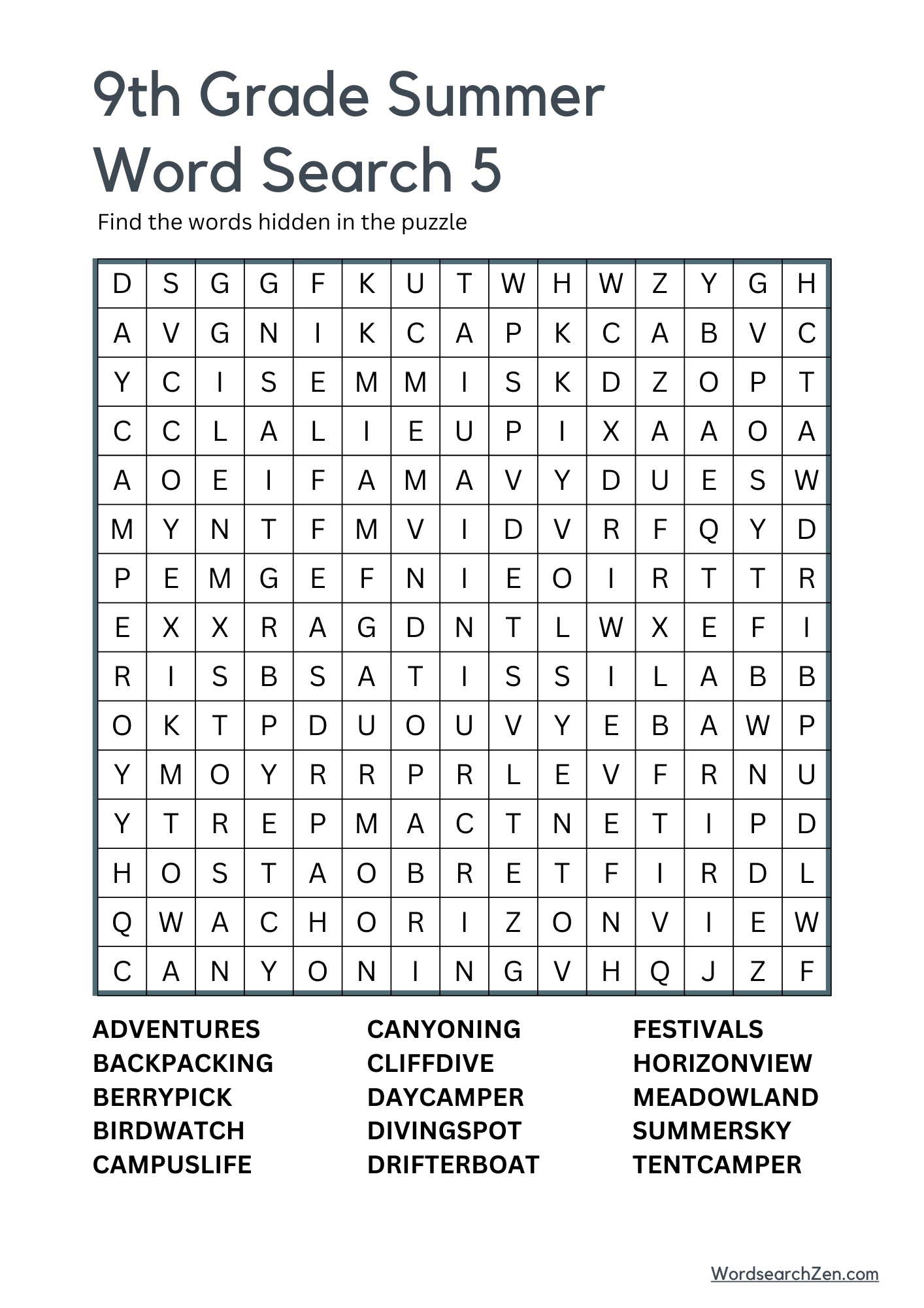 9th Grade Summer Word Search 5