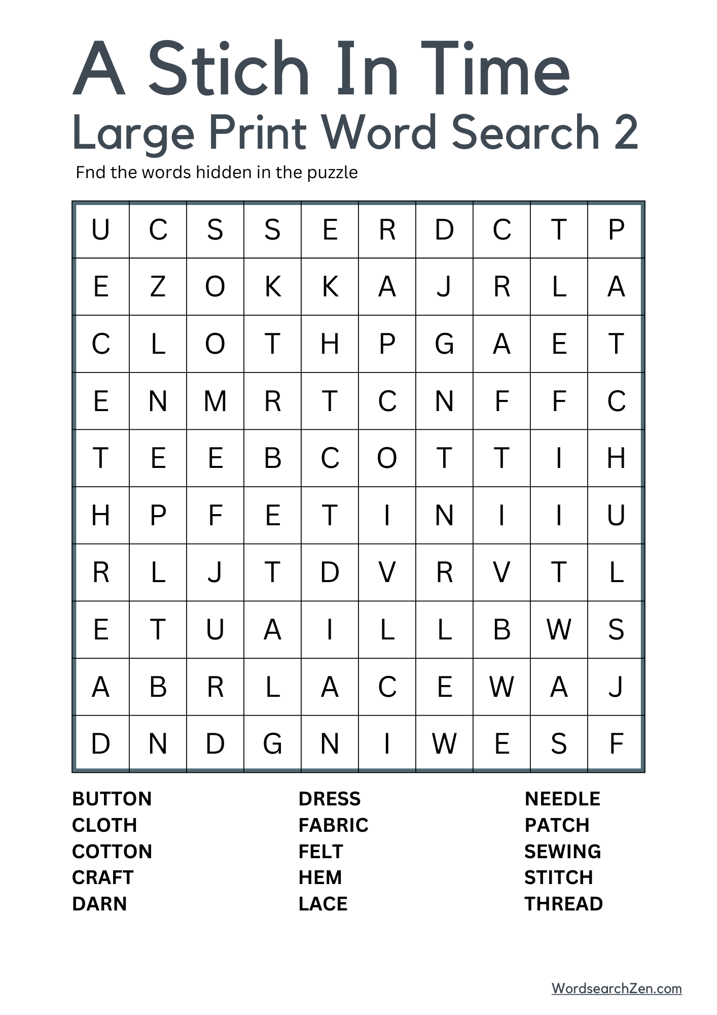 A Stitch In Time Large Print Word Search 2