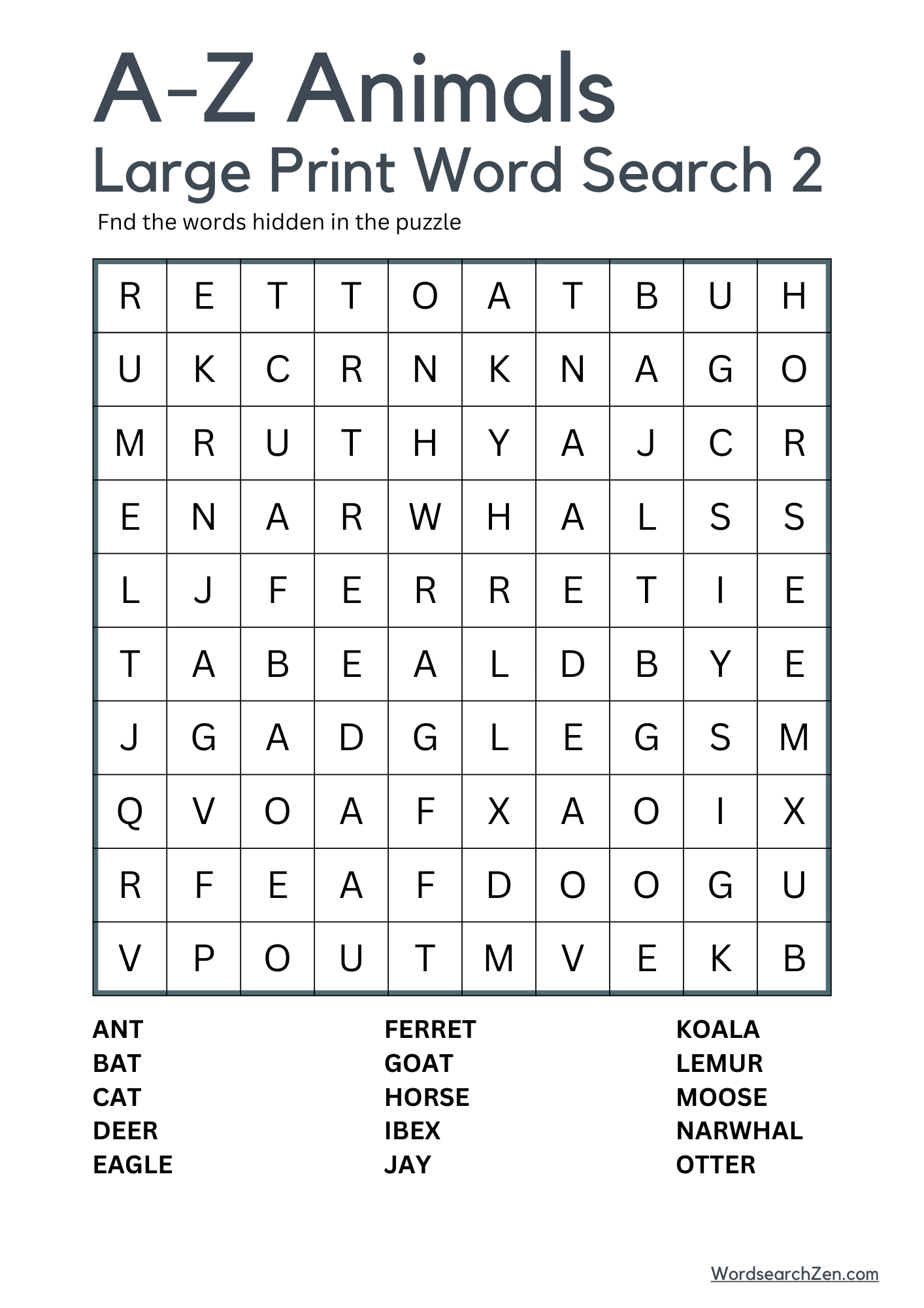 A-Z Animals Large Print Word Search 2
