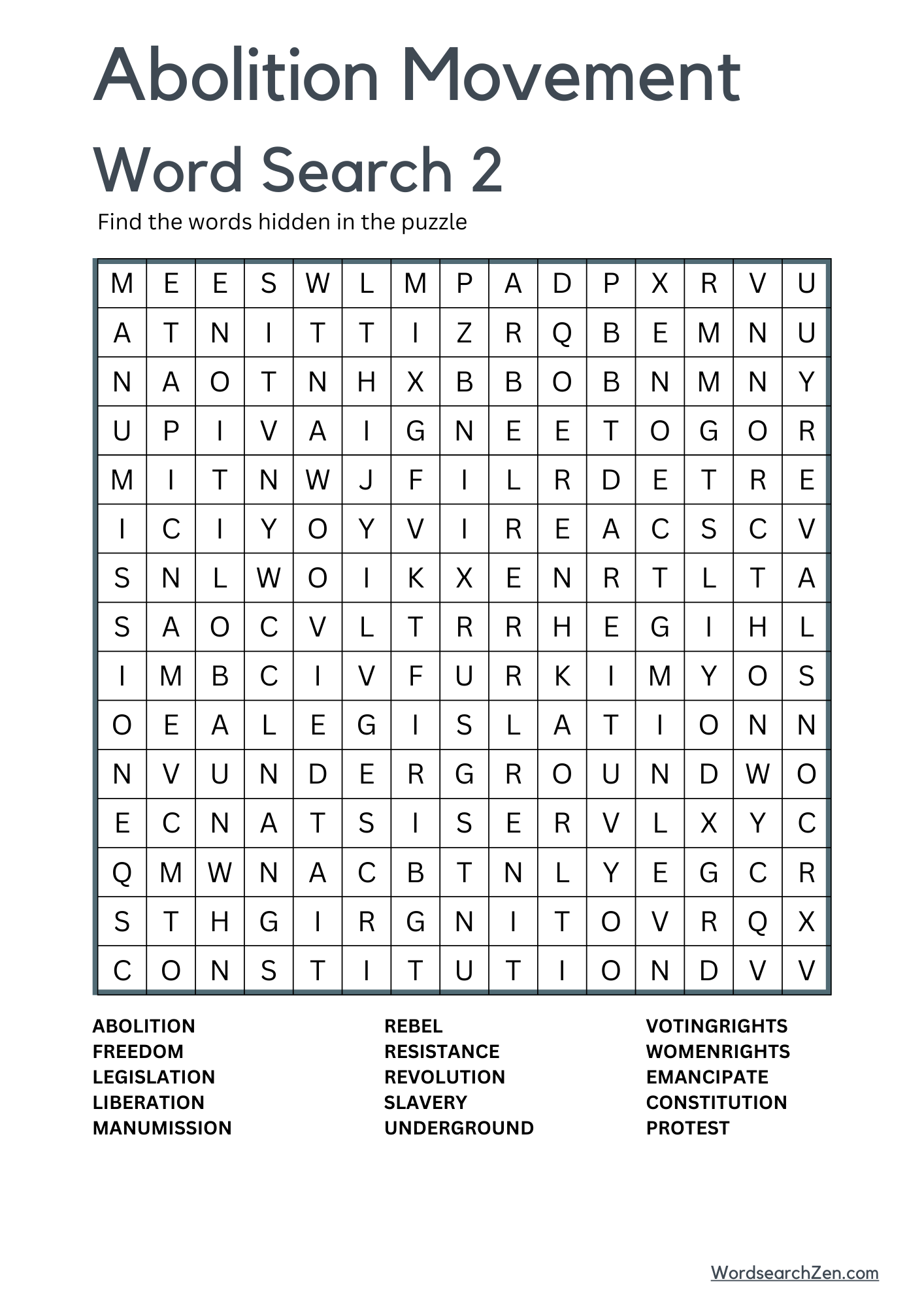 Abolition Movement Word Search 2