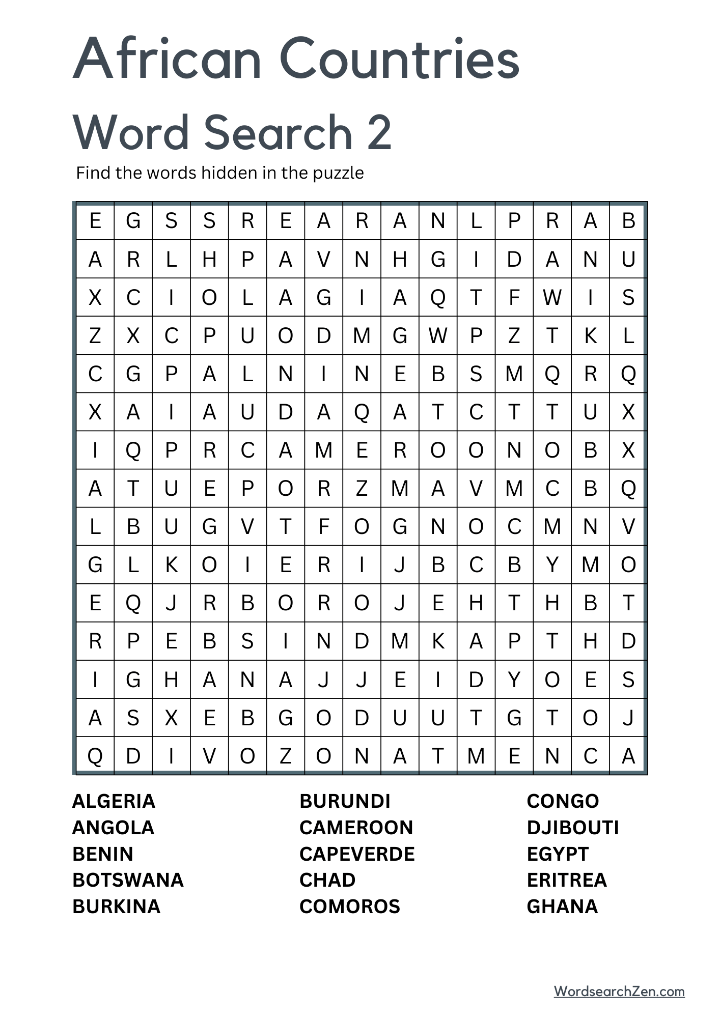 African Countries Word Search 1-2