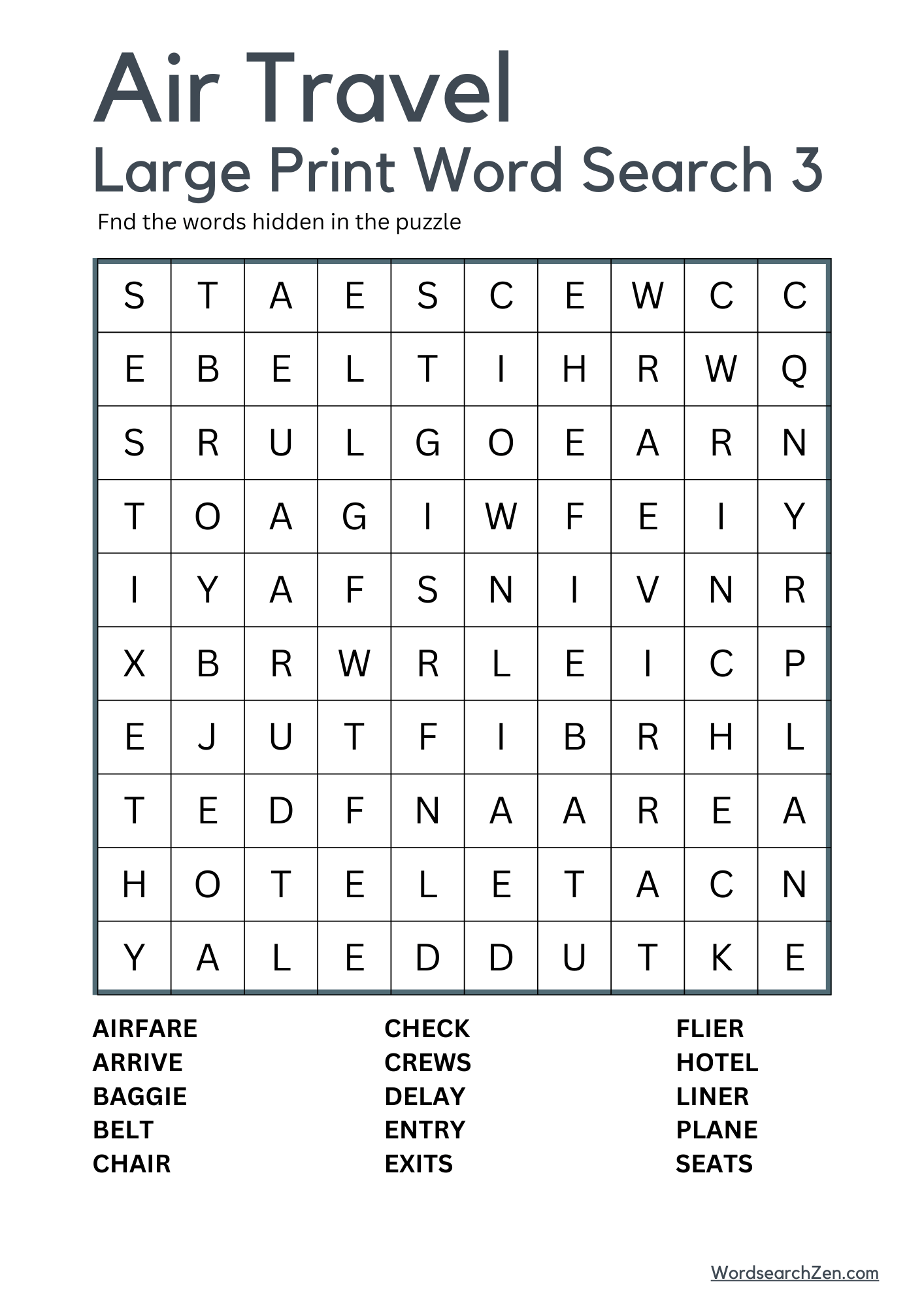 Air Travel Large Print Word Search 3
