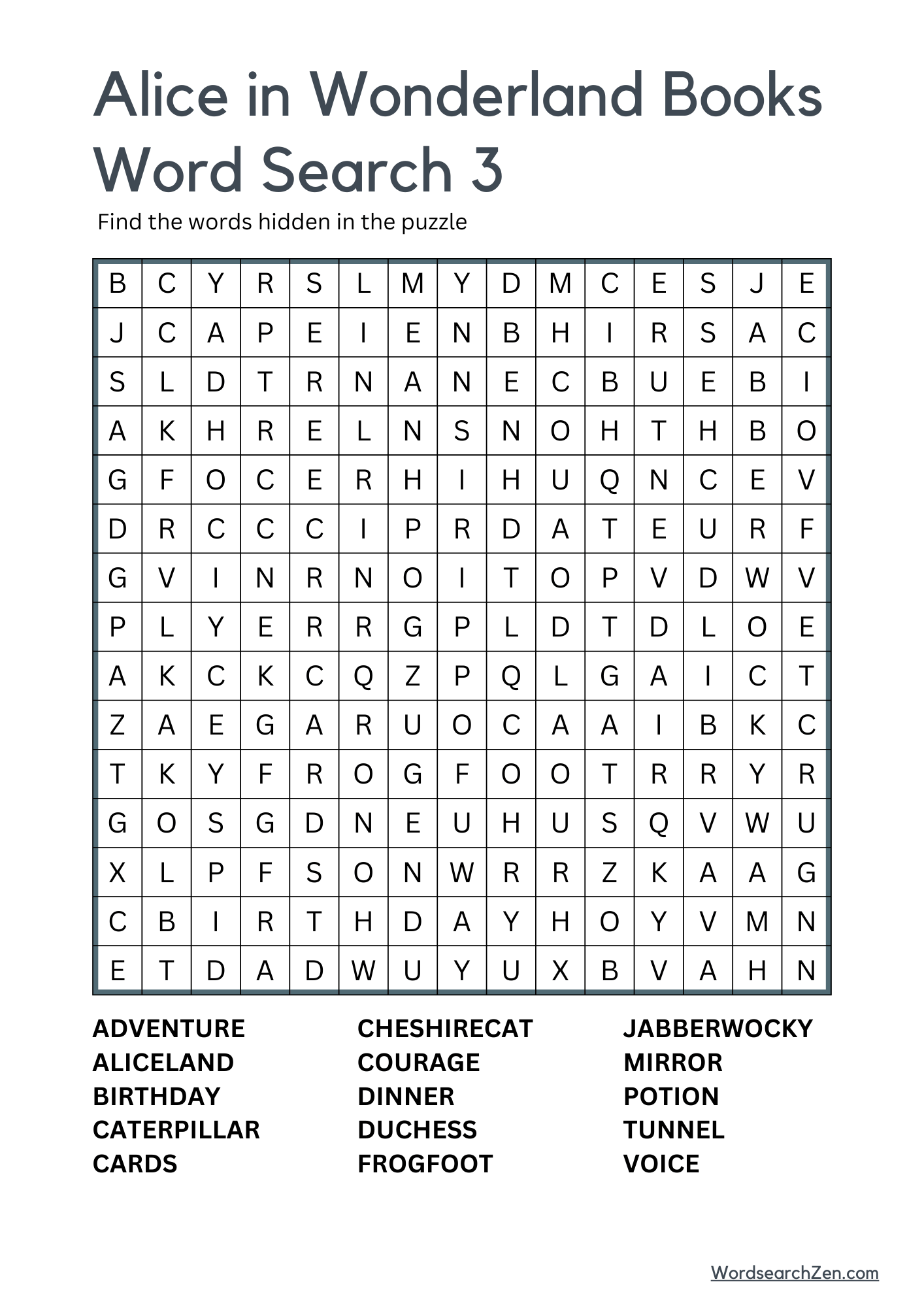 Alice in Wonderland Books Word Search 3