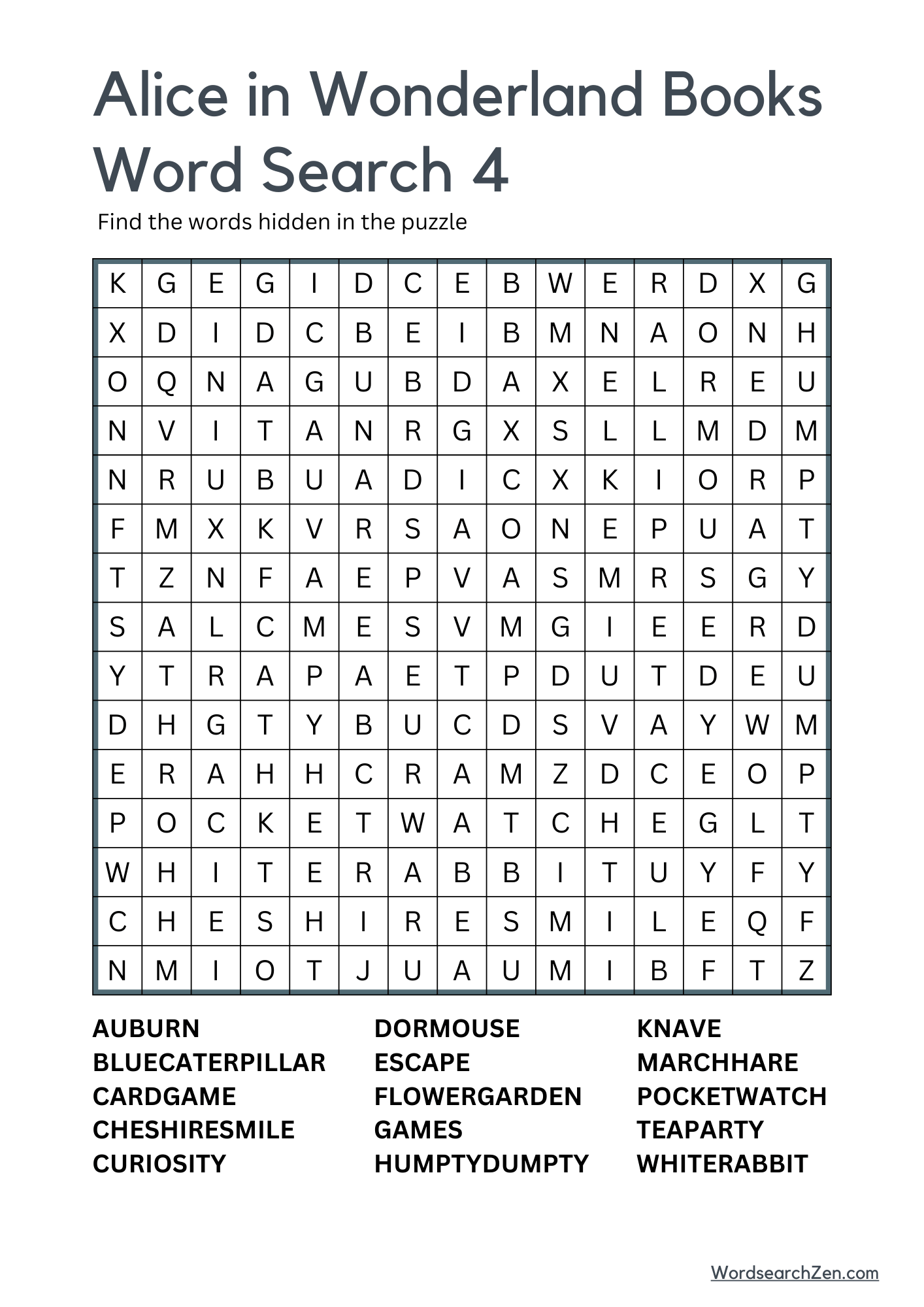 Alice in Wonderland Books Word Search 4