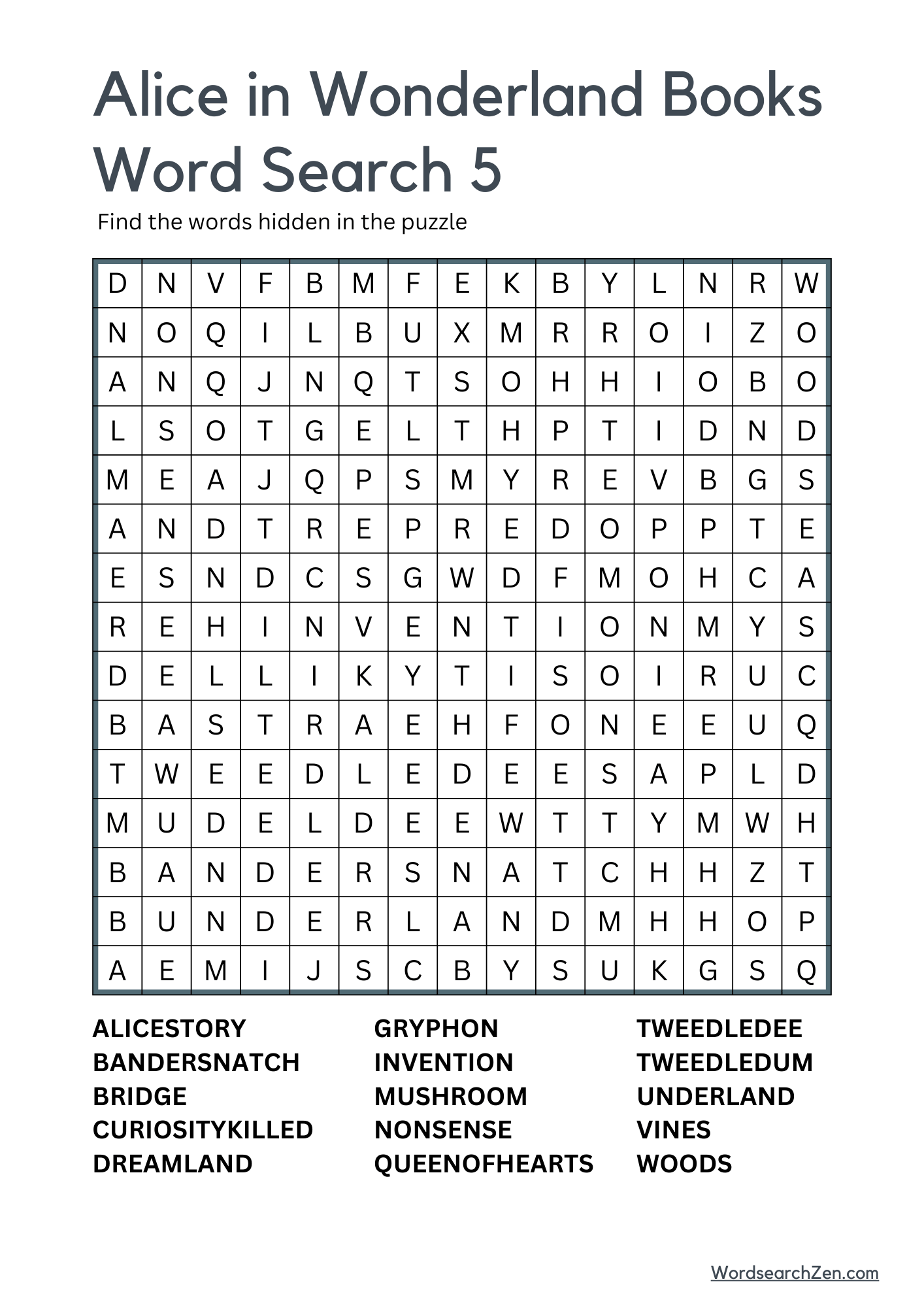 Alice in Wonderland Books Word Search 5