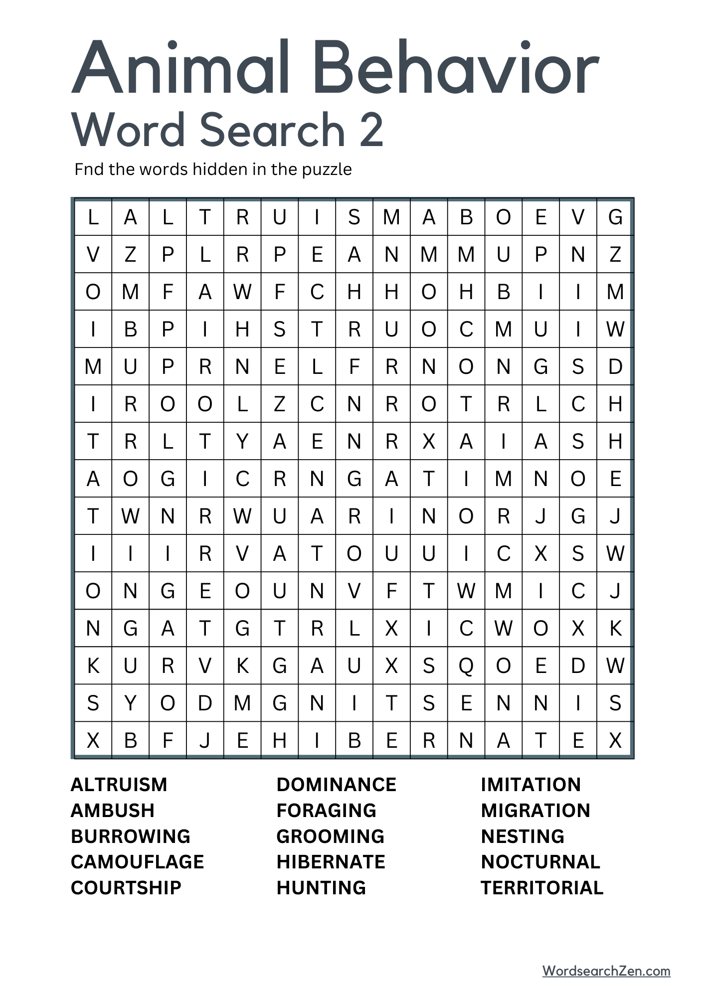 Animal Behavior Word Search 2