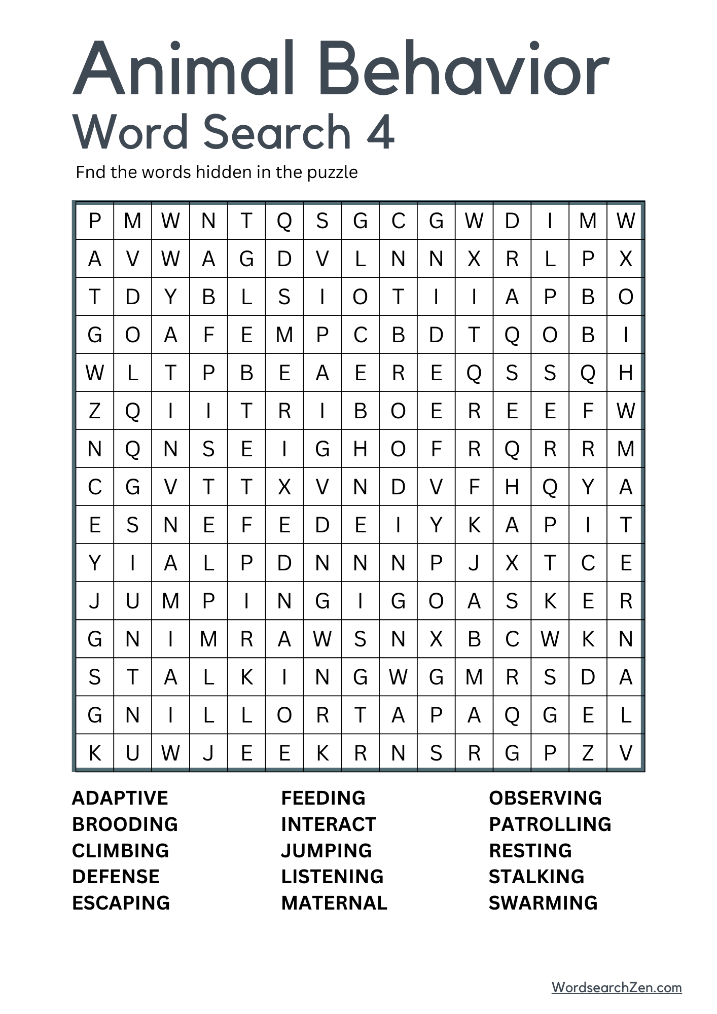 Animal Behavior Word Search 4