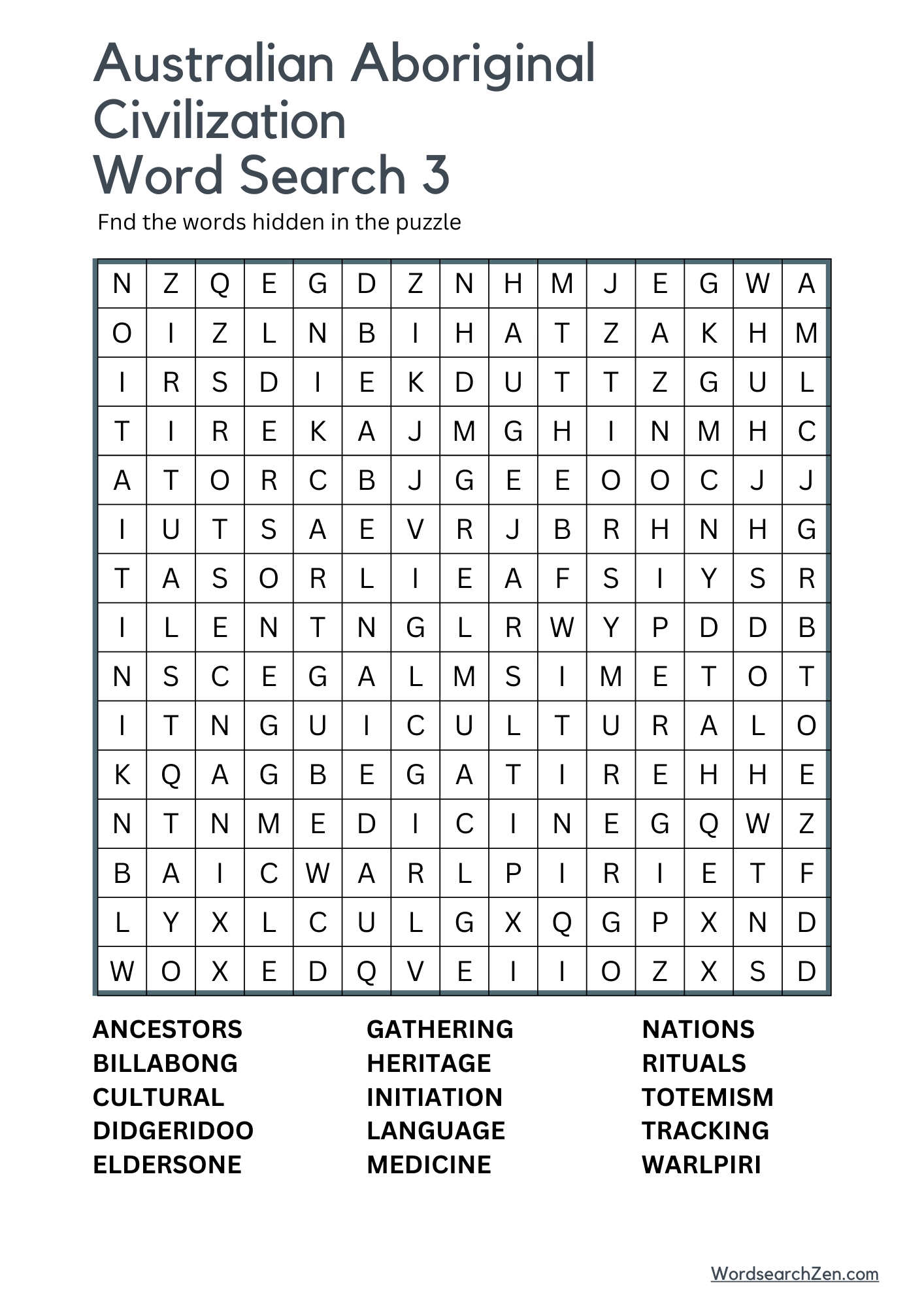 Australian Aboriginal Civilization Word Search 3