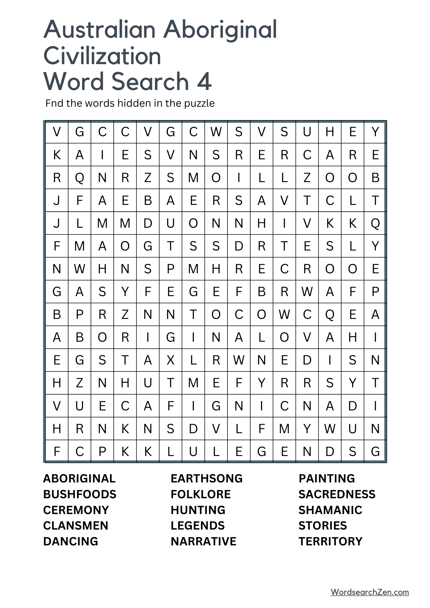 Australian Aboriginal Civilization Word Search 4