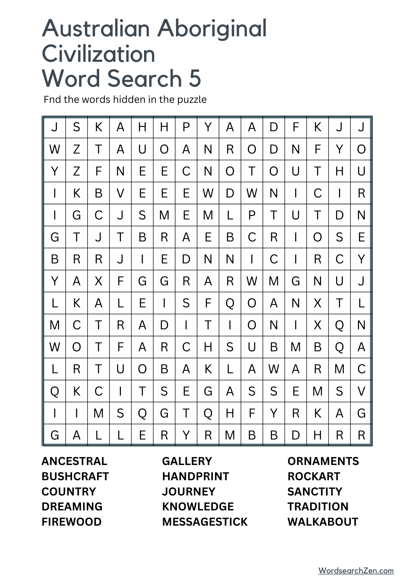 Australian Aboriginal Civilization Word Search 5