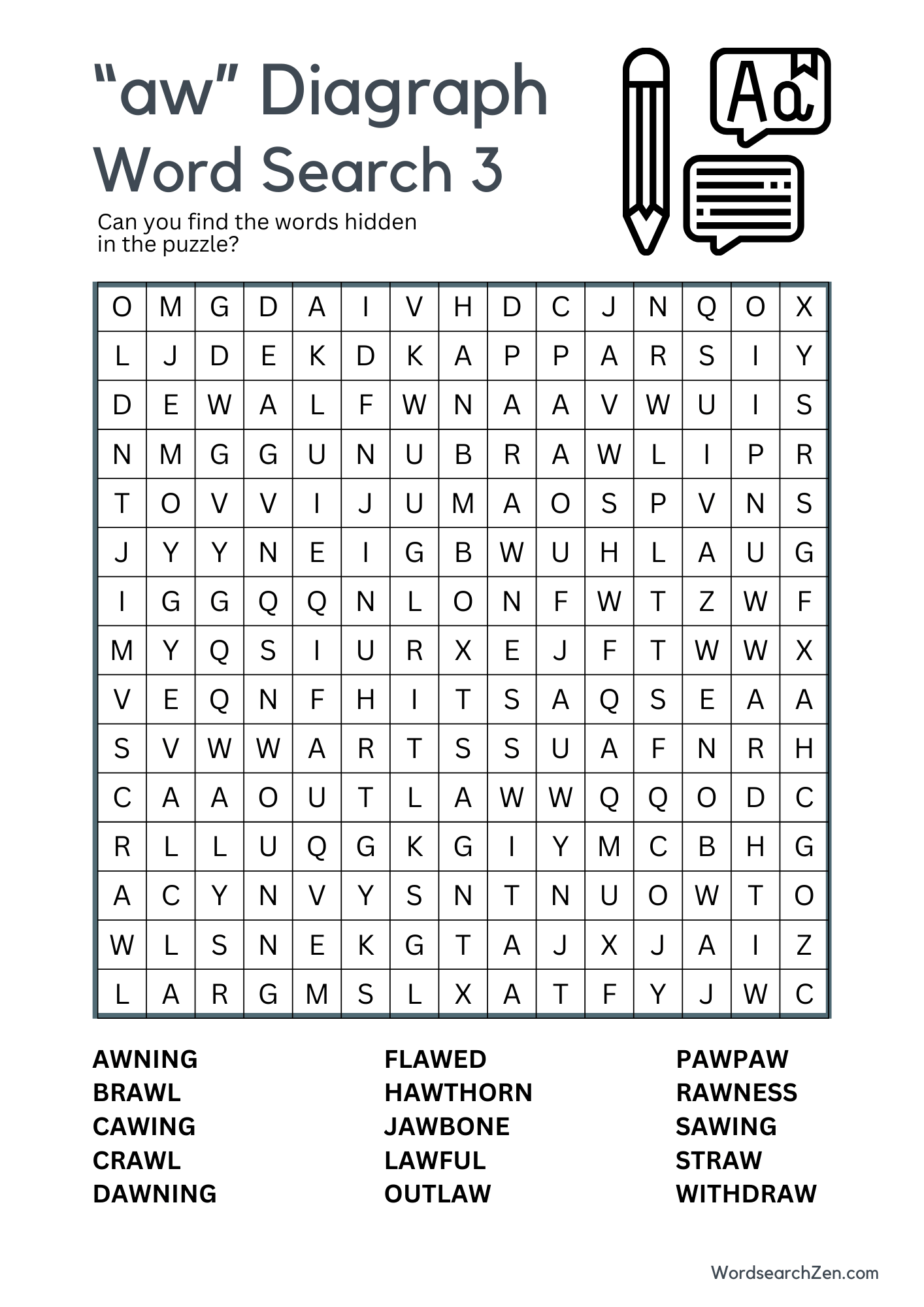 aw Diagraph Word Search 3