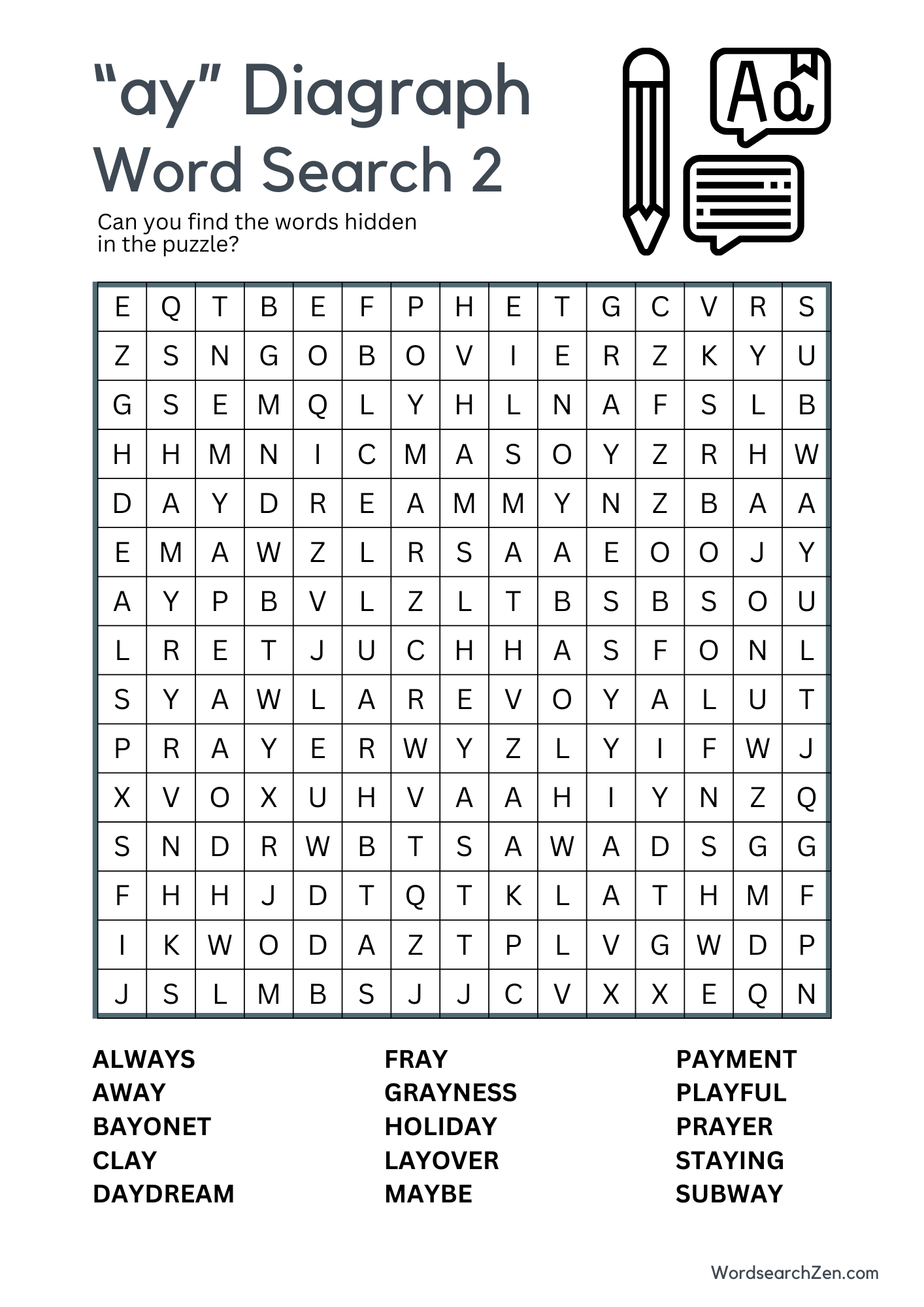 ay Diagraph Word Search 2