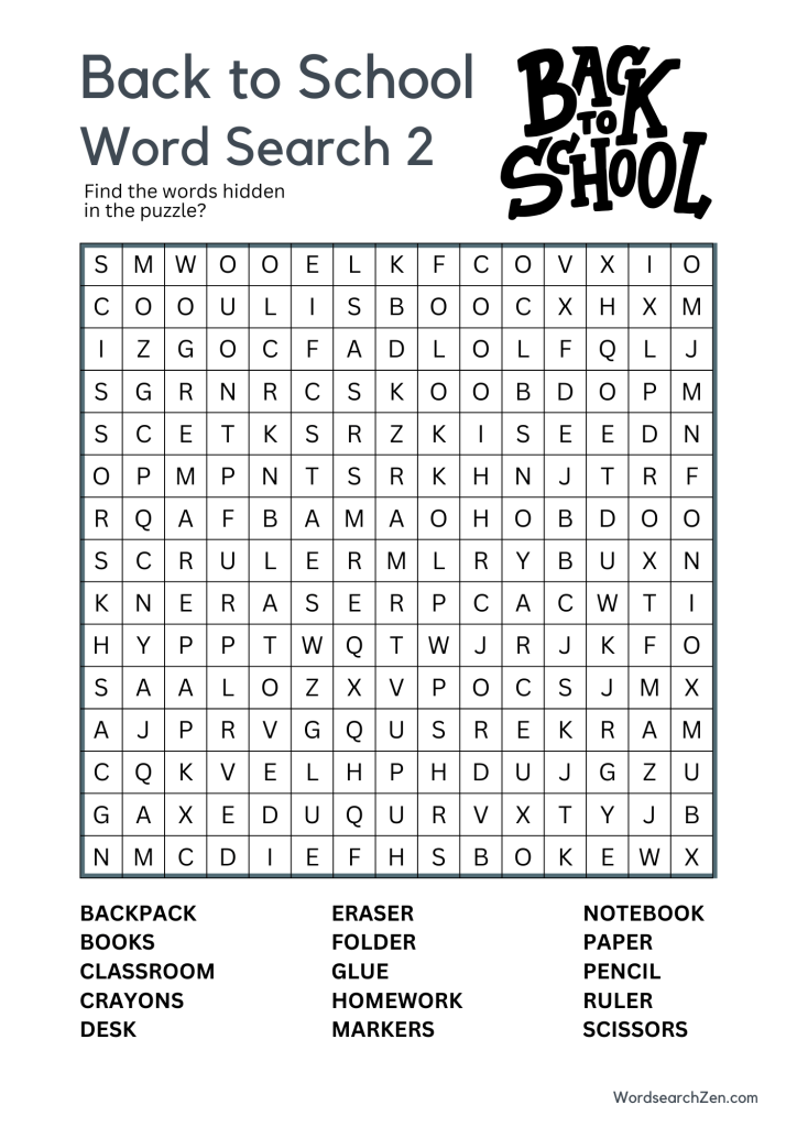 Back to School Word Search Free Printable PDF File - WordsearchZen.com