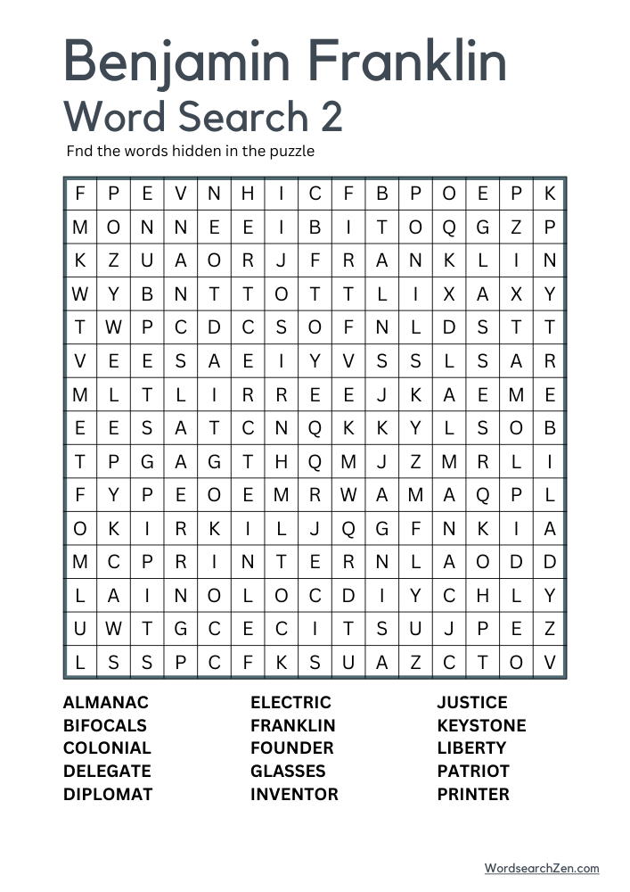 Benjamin Franklin Word Search 2