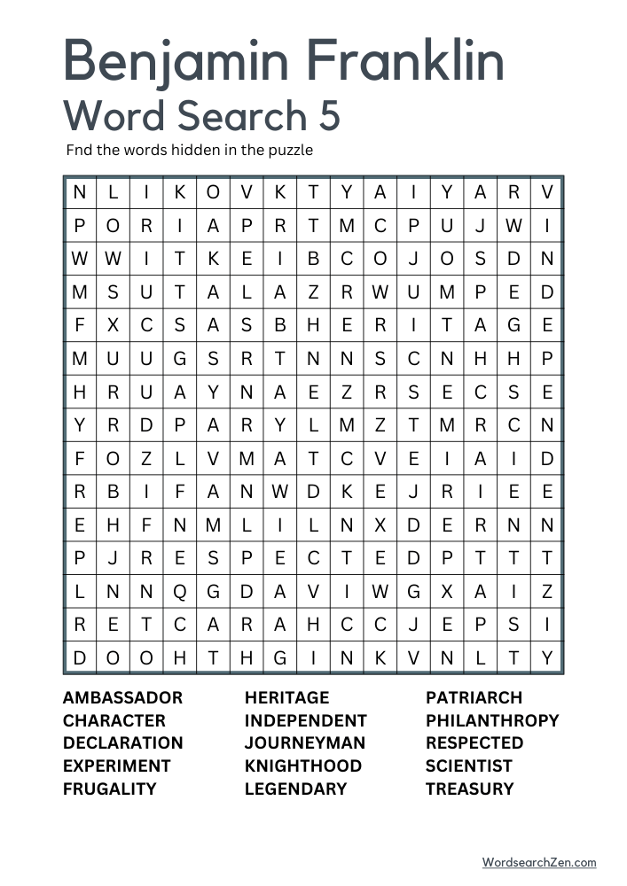 Benjamin Franklin Word Search 5