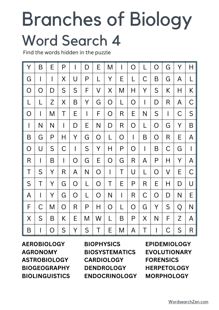 Branches of Biology Word Search 4