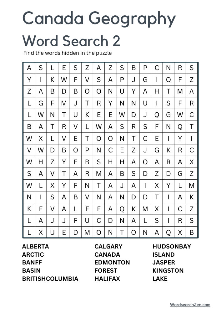 Canada Geography Word Search 2