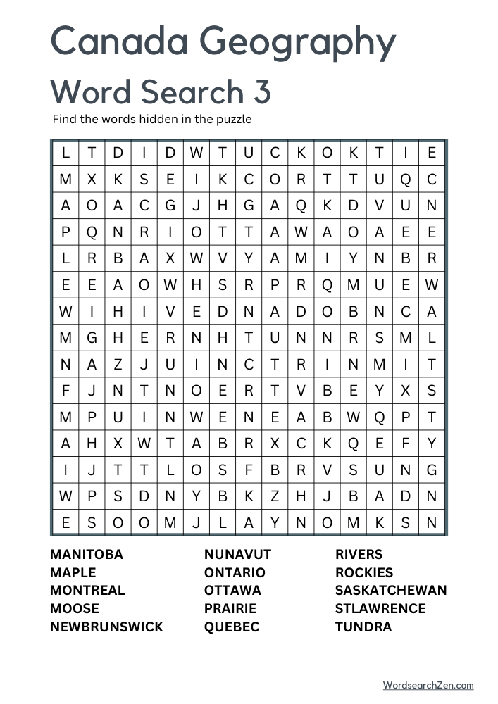 Canada Geography Word Search 3