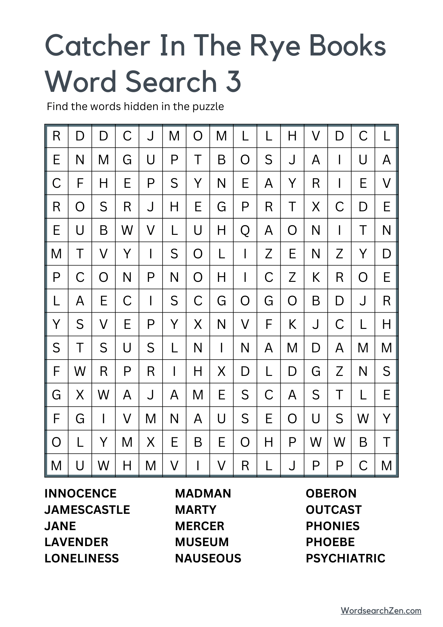 Catcher in the Rye Books Word Search 3