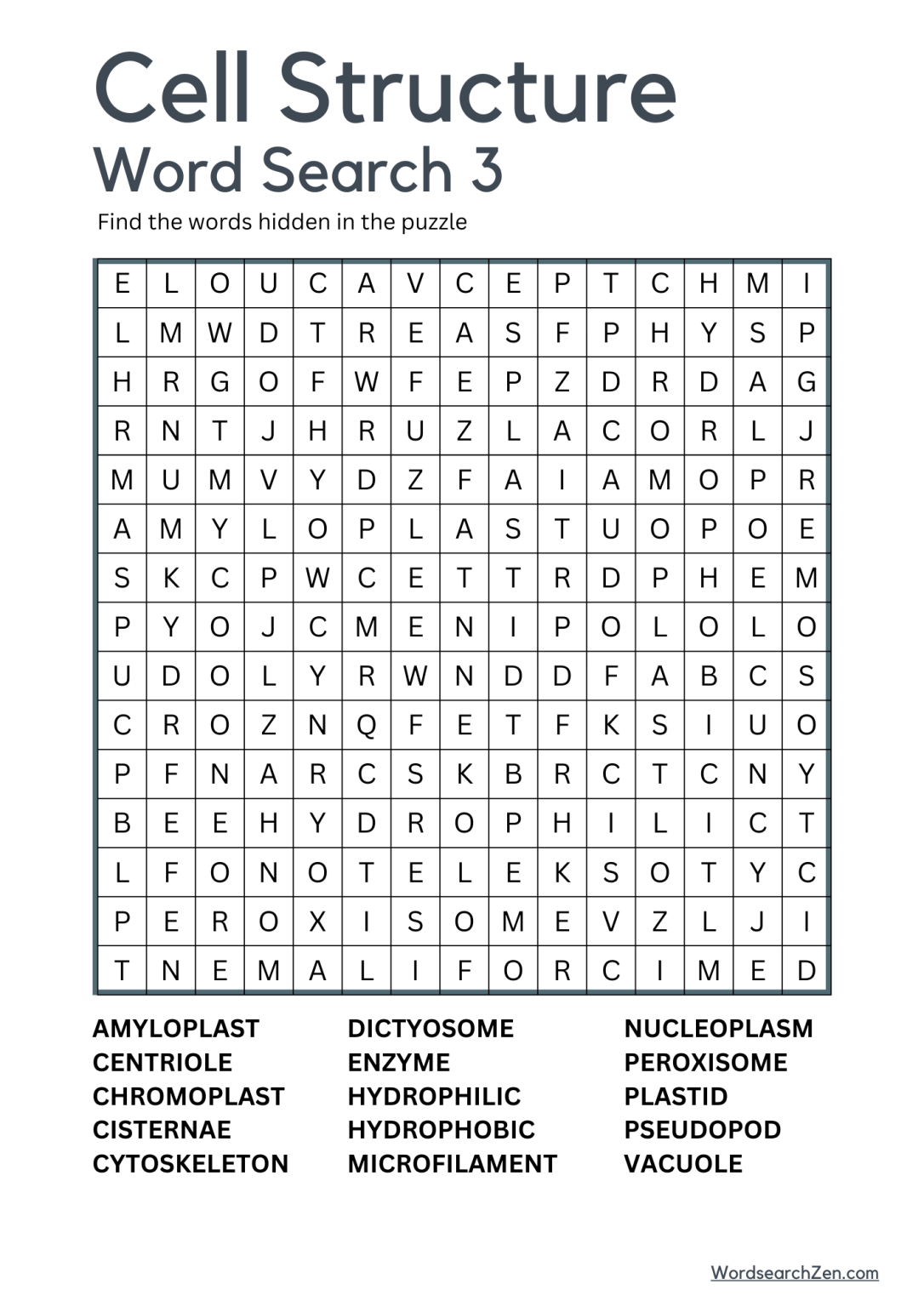 Cell Structure Word Search Free Printable PDF File - WordsearchZen.com