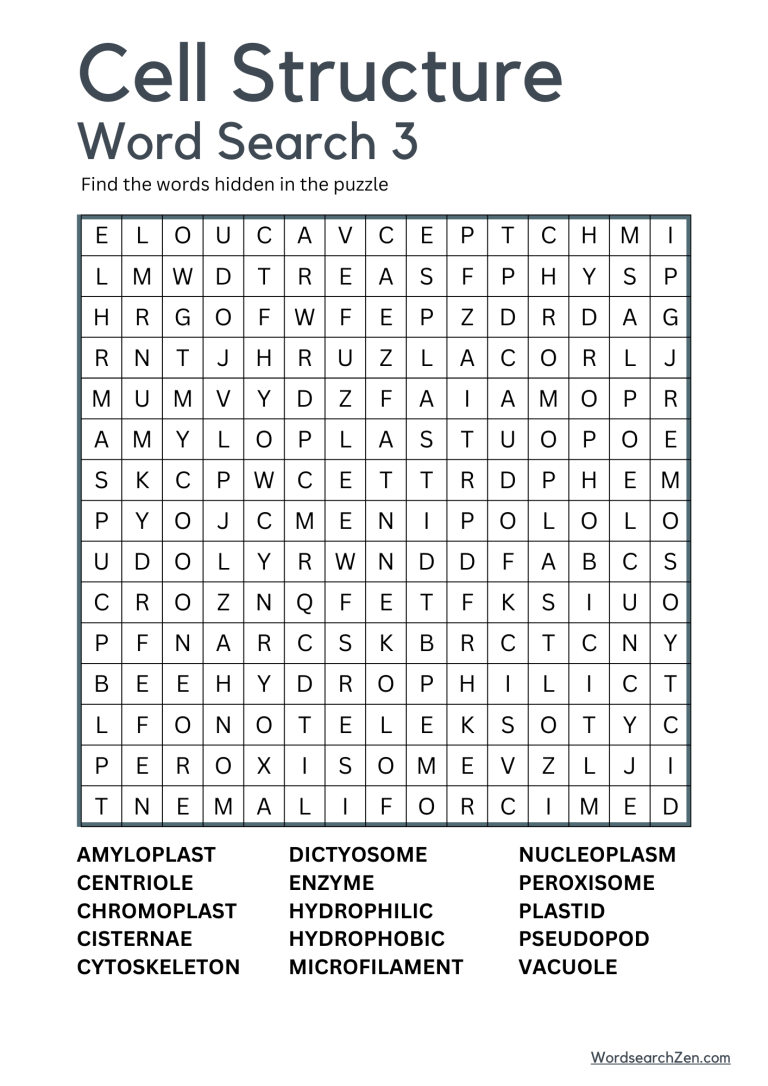 Cell Structure Word Search Free Printable PDF File - WordsearchZen.com
