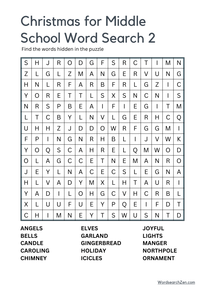 Christmas for Middle School Word Search 2