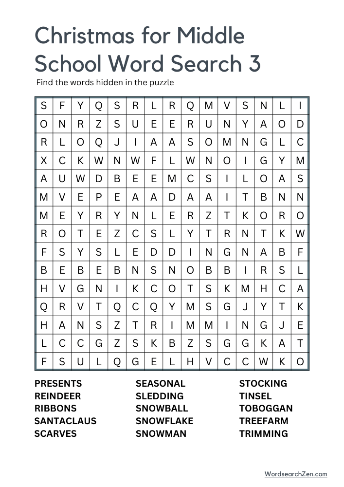 Christmas for Middle School Word Search 3
