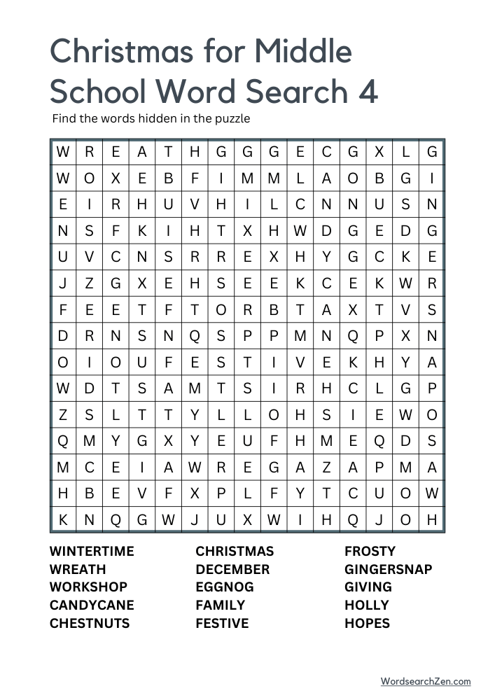 Christmas for Middle School Word Search 4