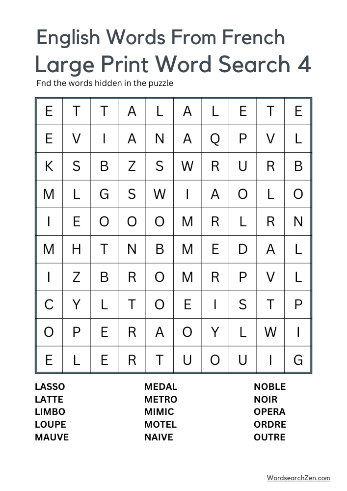 English Words From French Large Print Word Search 4