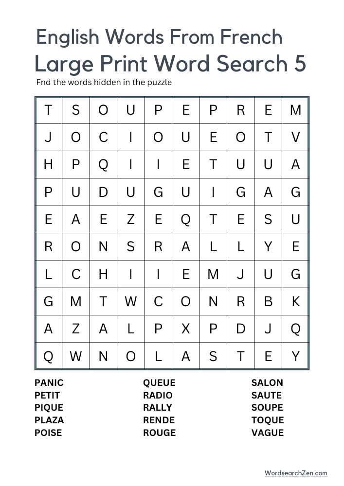 English Words From French Large Print Word Search 5