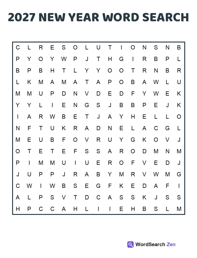2027 New Year Word Search printable puzzle sheet