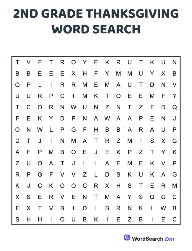 2nd Grade Thanksgiving Word Search
