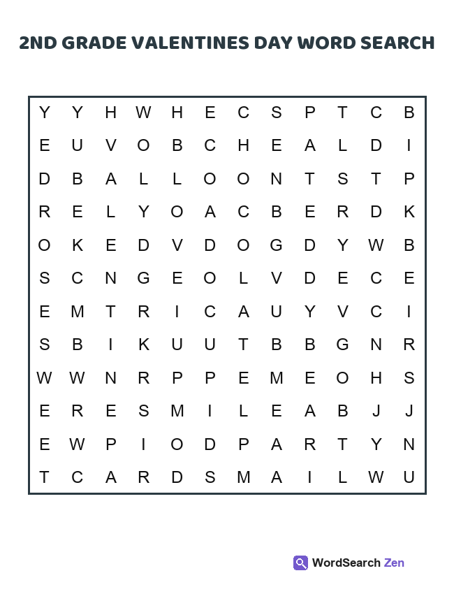 2nd Grade Valentines Day Word Search printable puzzle sheet
