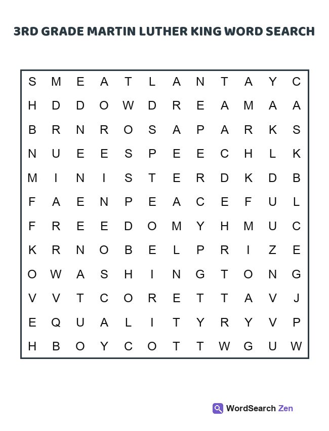 3rd Grade Martin Luther King Word Search printable puzzle sheet