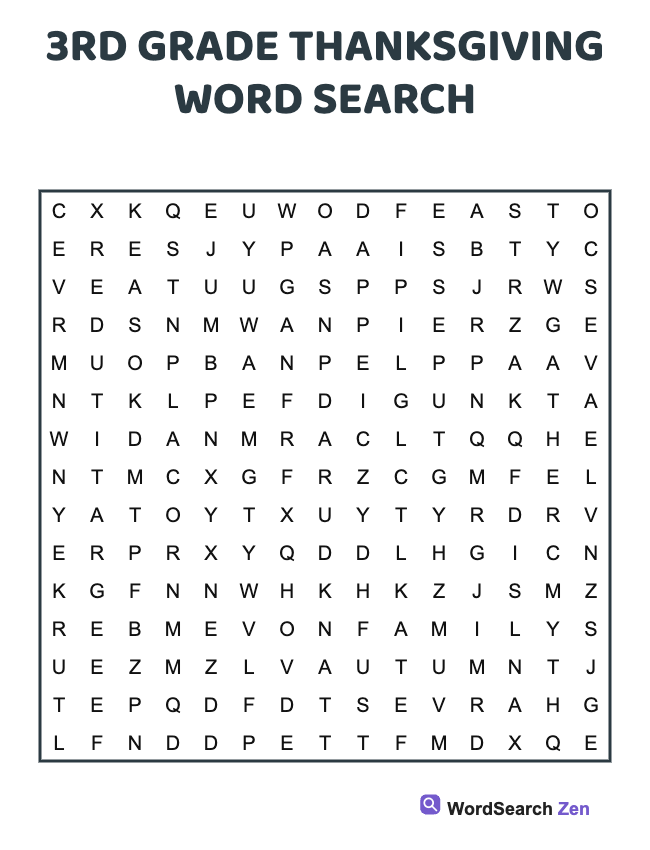 3rd Grade Thanksgiving Word Search
