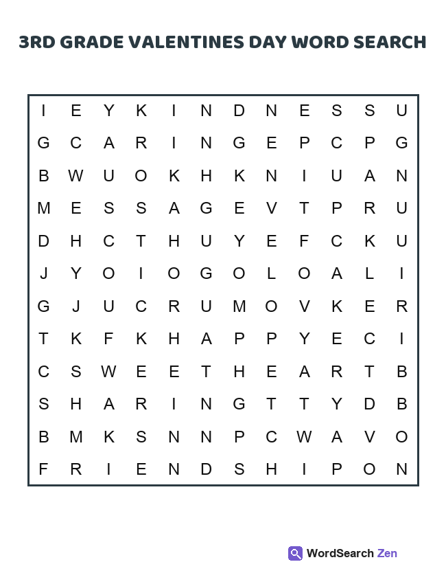 3rd Grade Valentines Day Word Search printable puzzle sheet