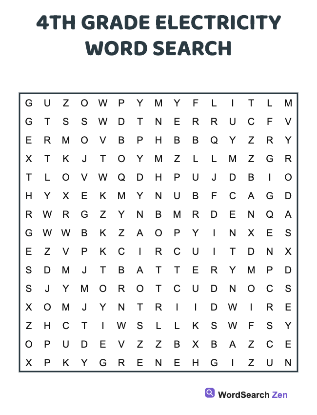 4th Grade Electricity Word Search