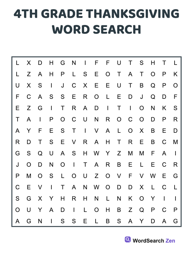 4th Grade Thanksgiving Word Search