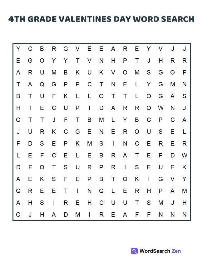 4th Grade Valentines Day Word Search printable puzzle sheet