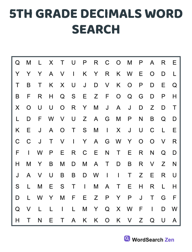 5th Grade Decimals Word Search