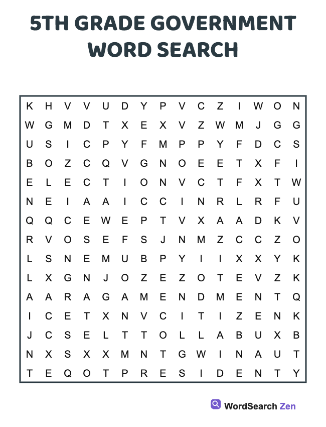 5th Grade Government Word Search