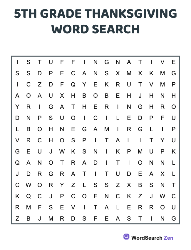 5th Grade Thanksgiving Word Search
