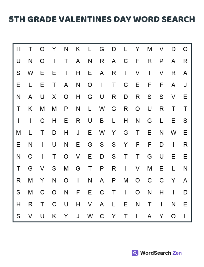 5th Grade Valentines Day Word Search printable puzzle sheet